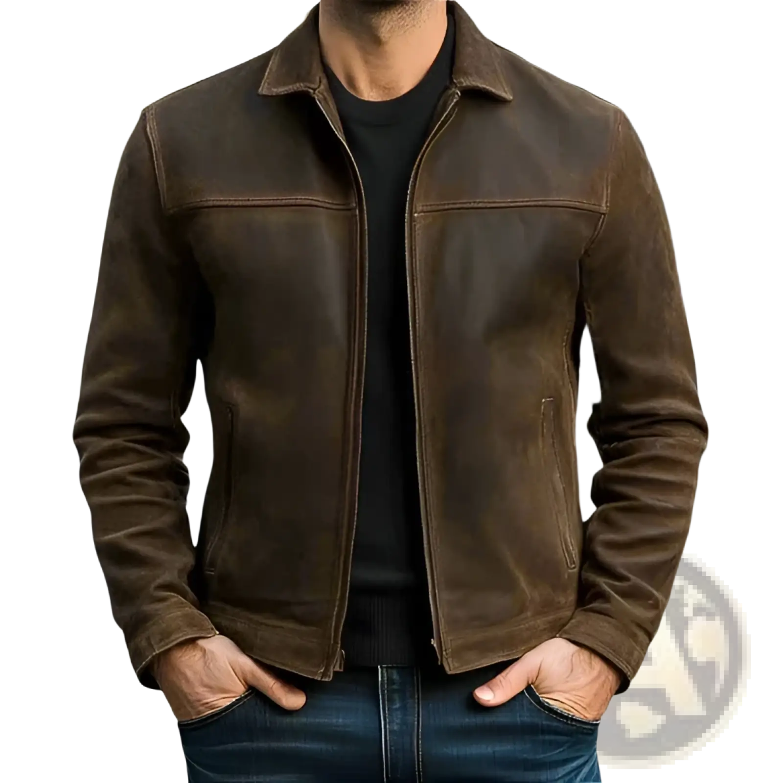 Brown suede leather jacket for men with classic lapel collar and front zipper for casual wear