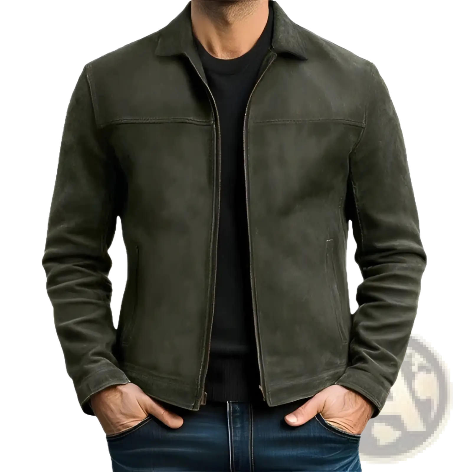 Men’s casual olive green suede jacket with classic collar and front zipper for stylish everyday wear