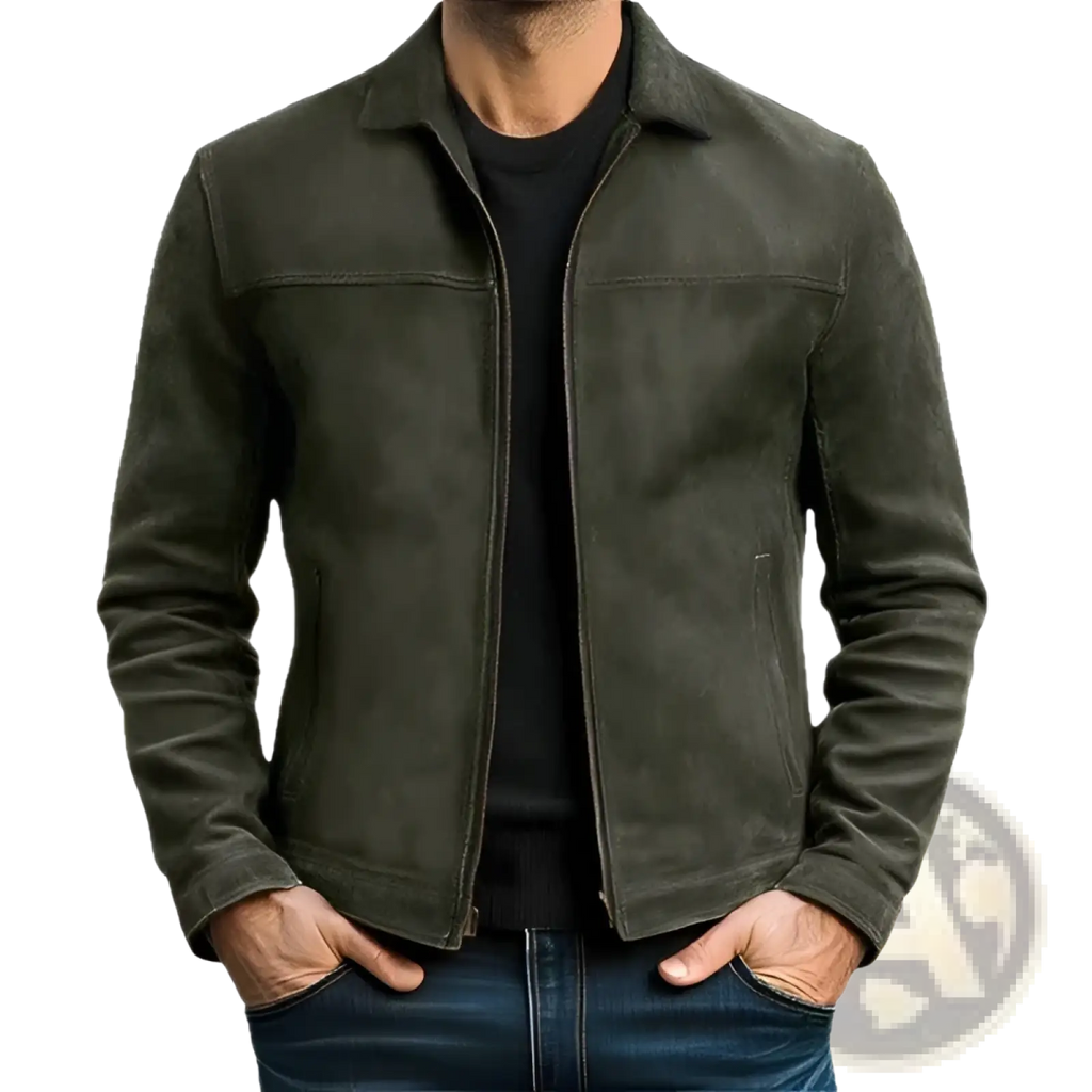 Men’s casual olive green suede jacket with classic collar and front zipper for stylish everyday wear