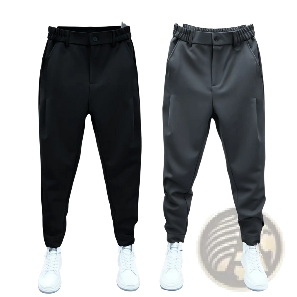 Men’s casual tapered jogger pants in black and charcoal gray with elastic waist and cargo pockets displayed on hangers