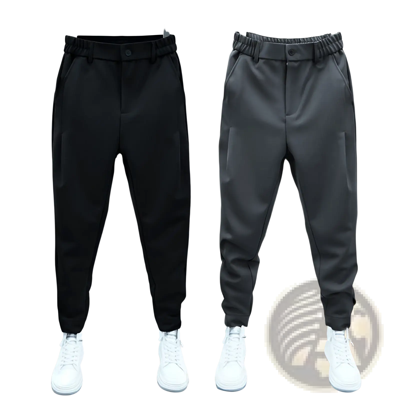 Men’s casual tapered jogger pants in black and charcoal gray with elastic waist and cargo pockets displayed on hangers