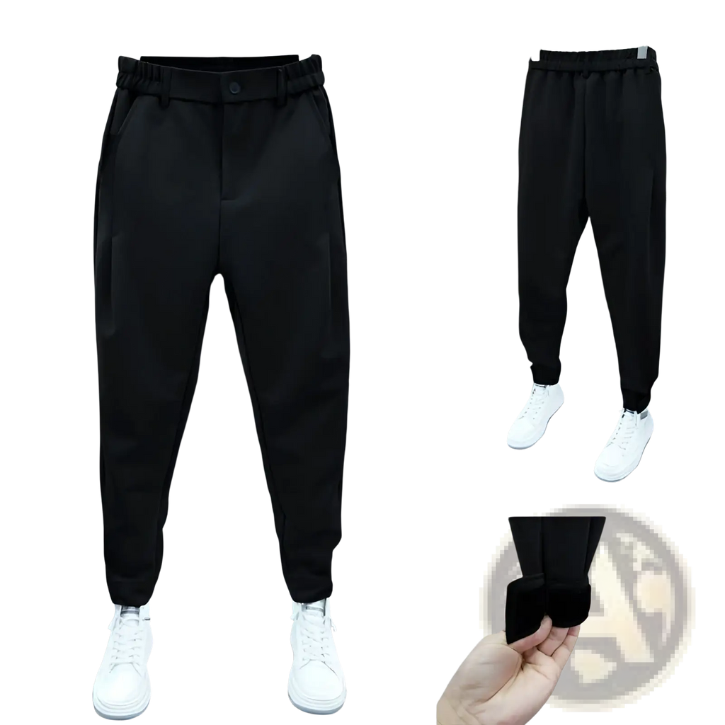Men’s casual tapered jogger pants in black with elastic waistband and ribbed cuffs for comfortable everyday wear