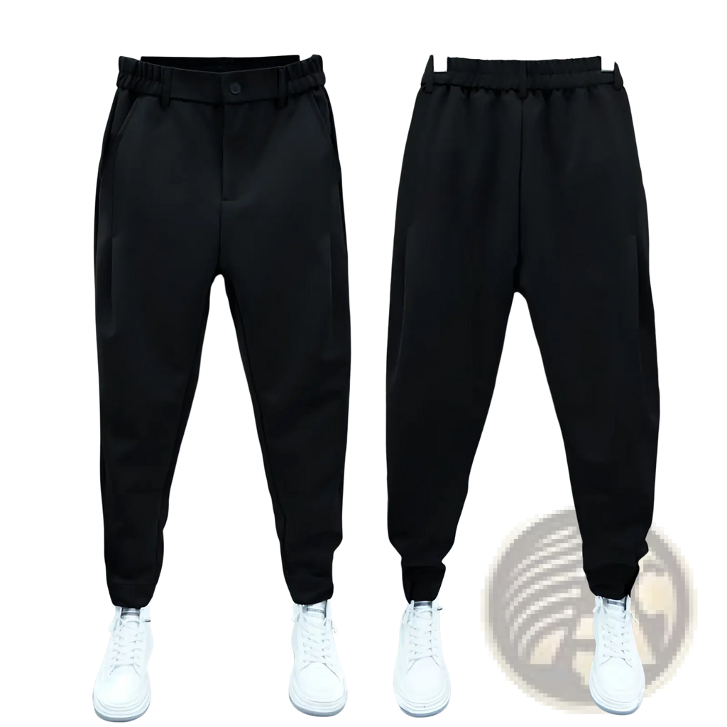 Men’s casual tapered jogger pants in black with elastic waistband and side pockets displayed on hangers
