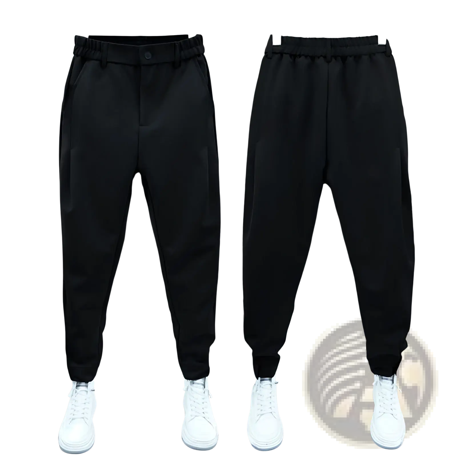 Men’s casual tapered jogger pants in black with elastic waistband and side pockets displayed on hangers