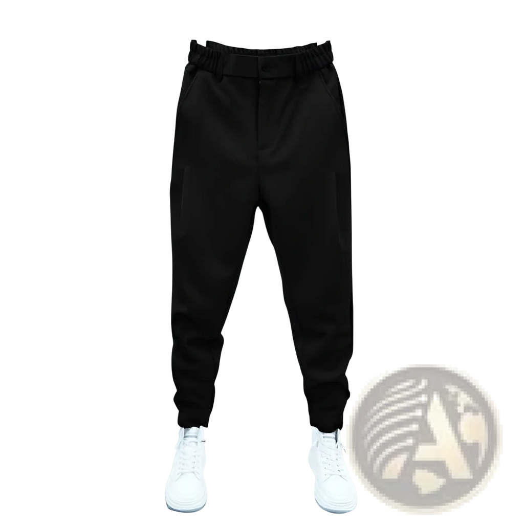 Men’s casual tapered jogger pants in black elastic waist with sleek modern design and tapered legs