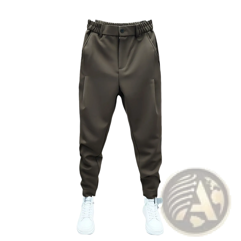 Men’s casual tapered jogger pants in dark olive with elastic waistband and tapered cuffs for comfortable wear