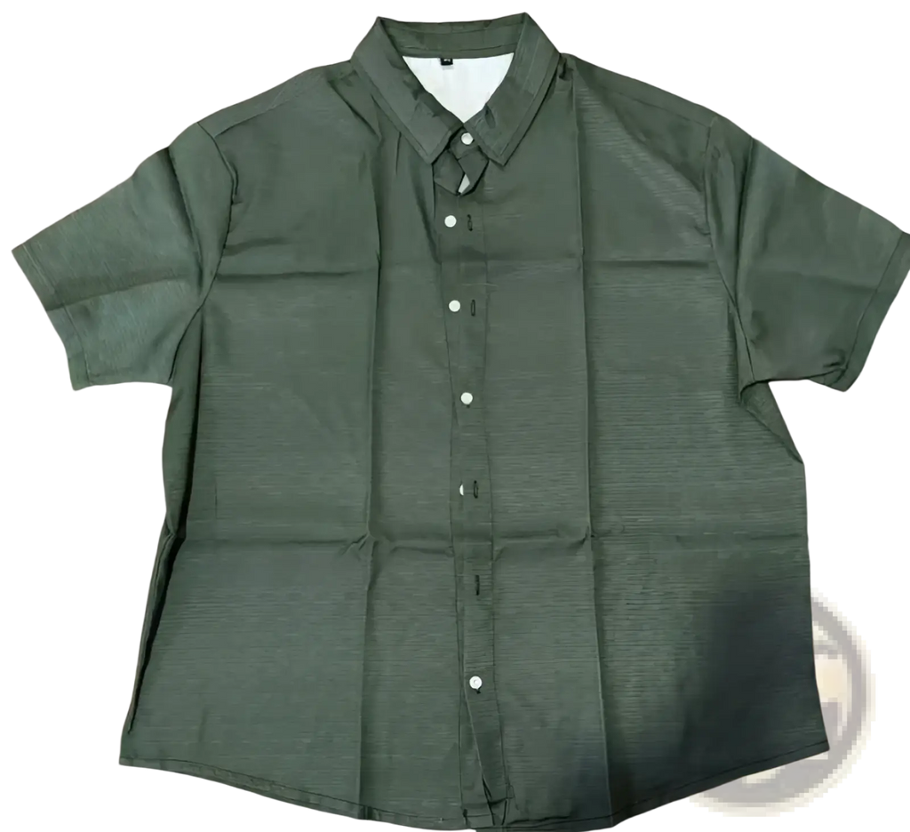 Men’s casual dark green short sleeve button down shirt with subtle textured weave and white buttons