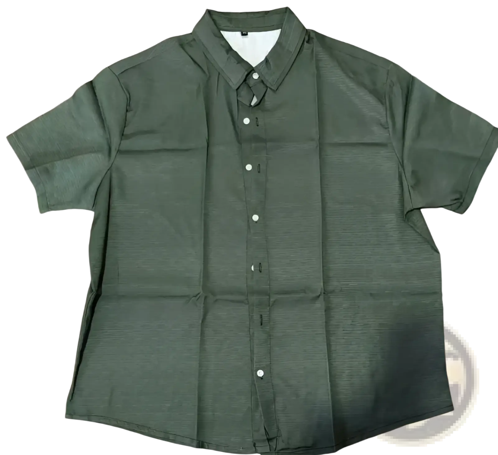 Men’s casual dark green short sleeve button down shirt with subtle textured weave and white buttons