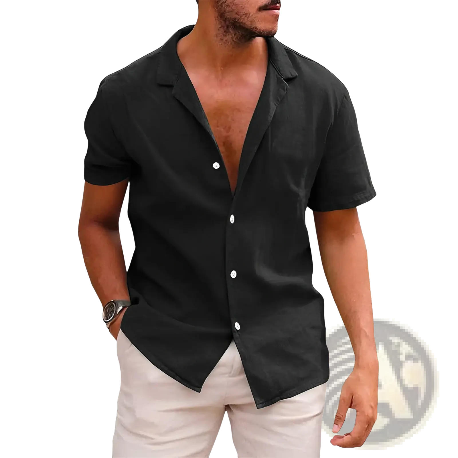 Men’s casual black textured short sleeve button down shirt with collar and white buttons for everyday wear