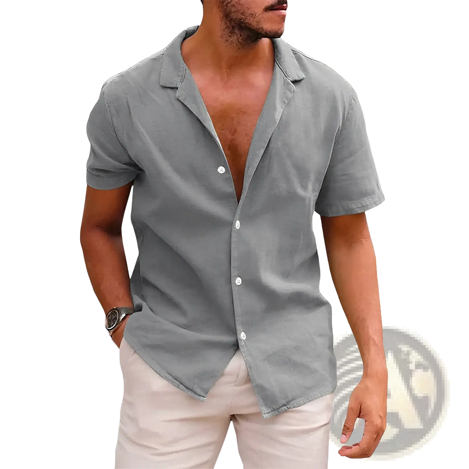 Men’s casual gray textured short sleeve button down shirt with collar and white buttons for everyday wear