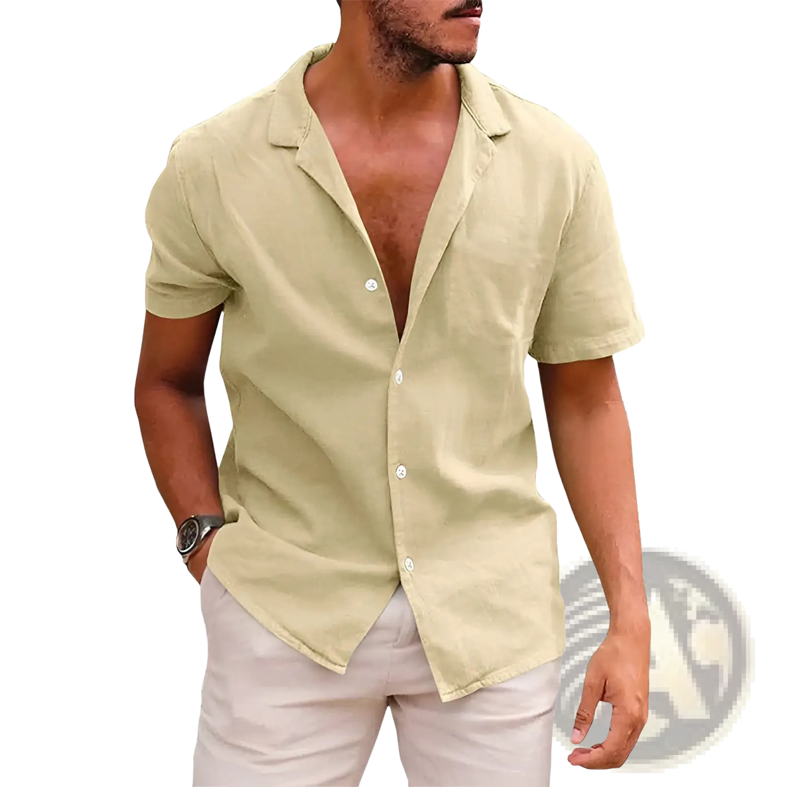 Men’s casual light beige short sleeve button down shirt with collar and subtle textured fabric