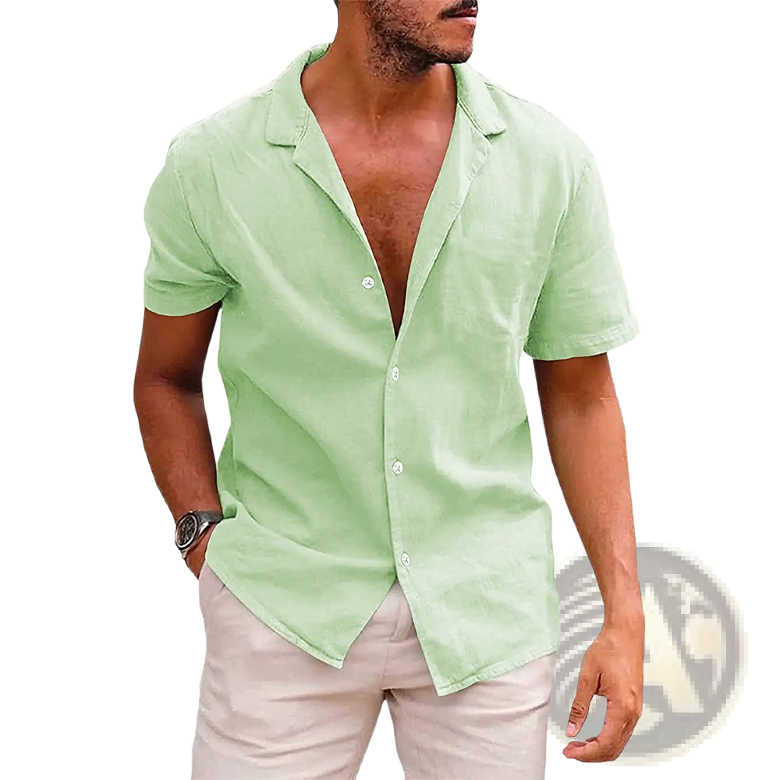 Men’s casual light green textured short sleeve button down shirt with collar and white buttons