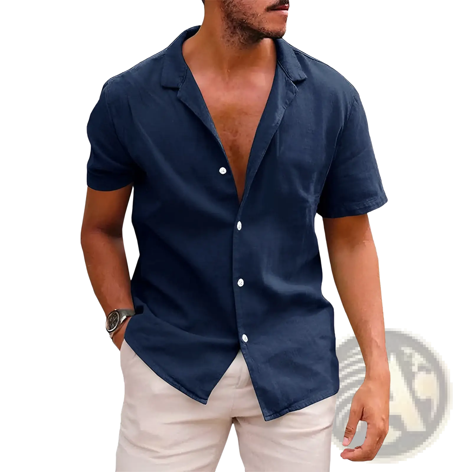 Men’s casual navy blue textured short sleeve button down shirt with collar and white buttons for everyday wear