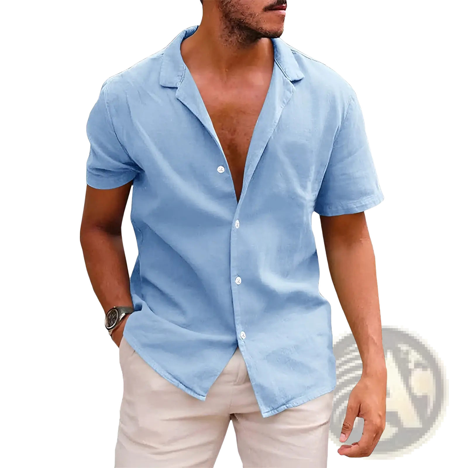 Men’s casual light blue textured short sleeve button down shirt with collar and relaxed fit