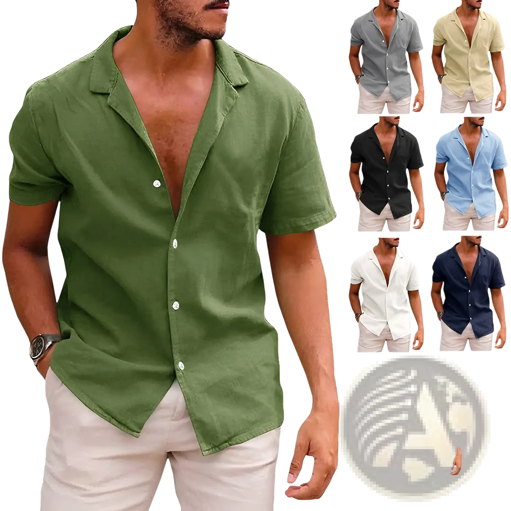 Men’s casual textured short sleeve button down shirt in olive green with relaxed fit and classic collar