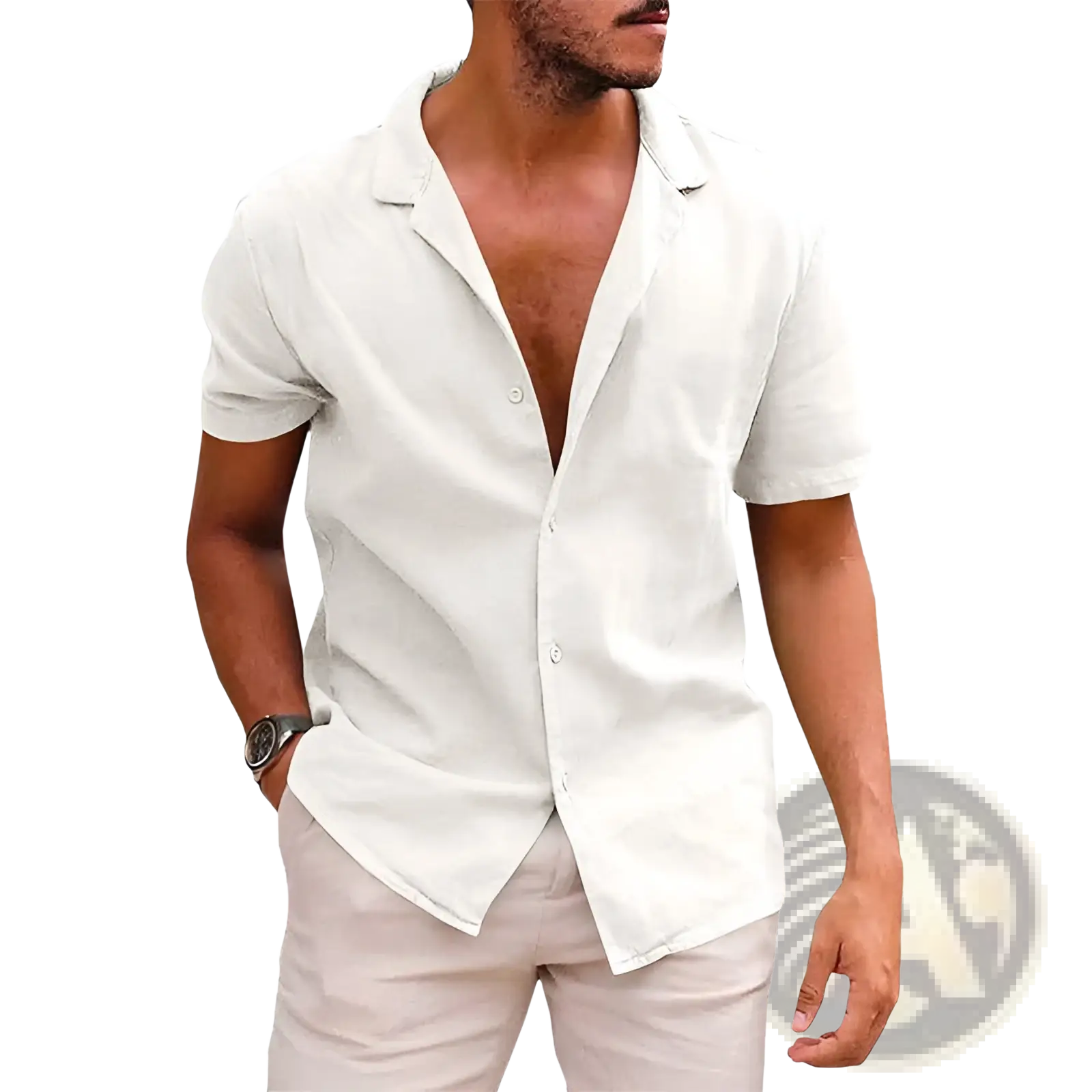 Men’s casual white short sleeve button down shirt with classic collar and crisp textured fabric