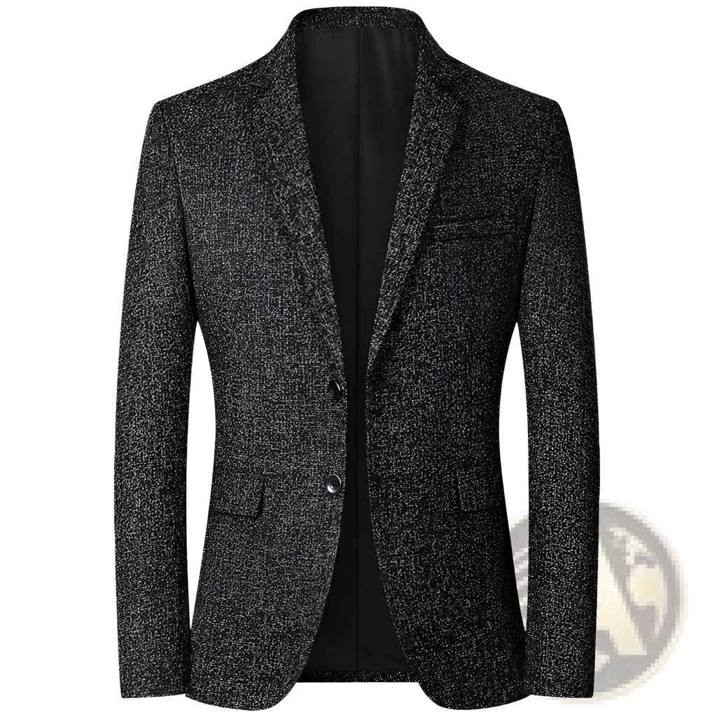Men’s casual thin blazer spring jacket in black and gray textured tweed with notched lapel and flap pockets