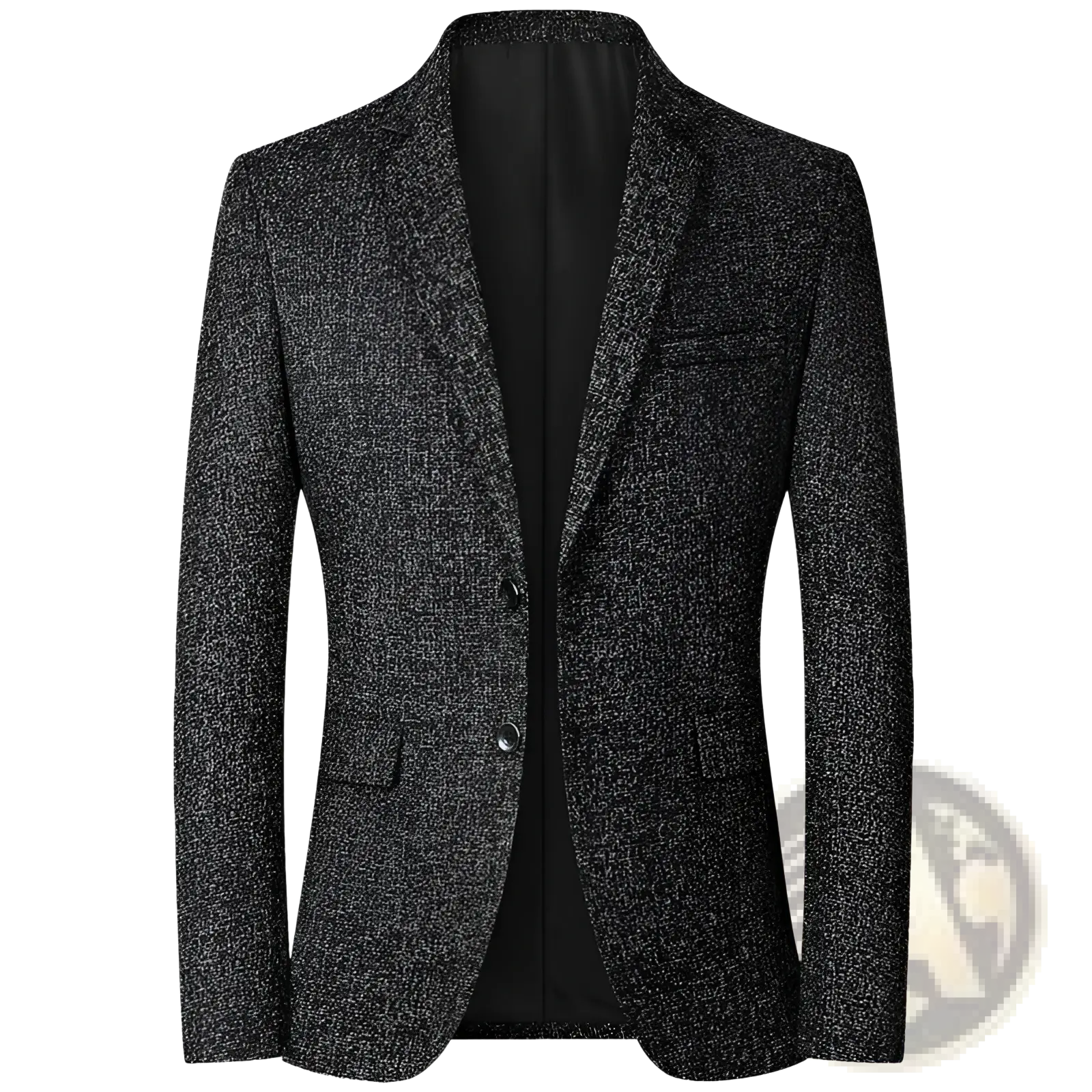 Men’s casual thin blazer spring jacket in black and gray textured tweed with notched lapel and flap pockets