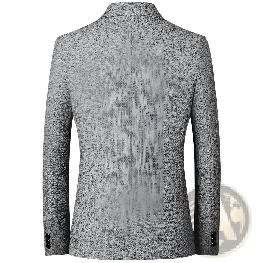 Men’s casual thin blazer spring jacket in gray textured wool with notched collar and three button cuffs