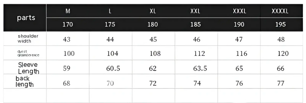 Size chart table for men’s casual thin blazer spring jacket showing garment measurements in centimeters from m to xxxxl