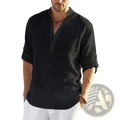 Men’s casual black lightweight linen pullover shirt with v neck and rolled up three quarter sleeves in relaxed fit