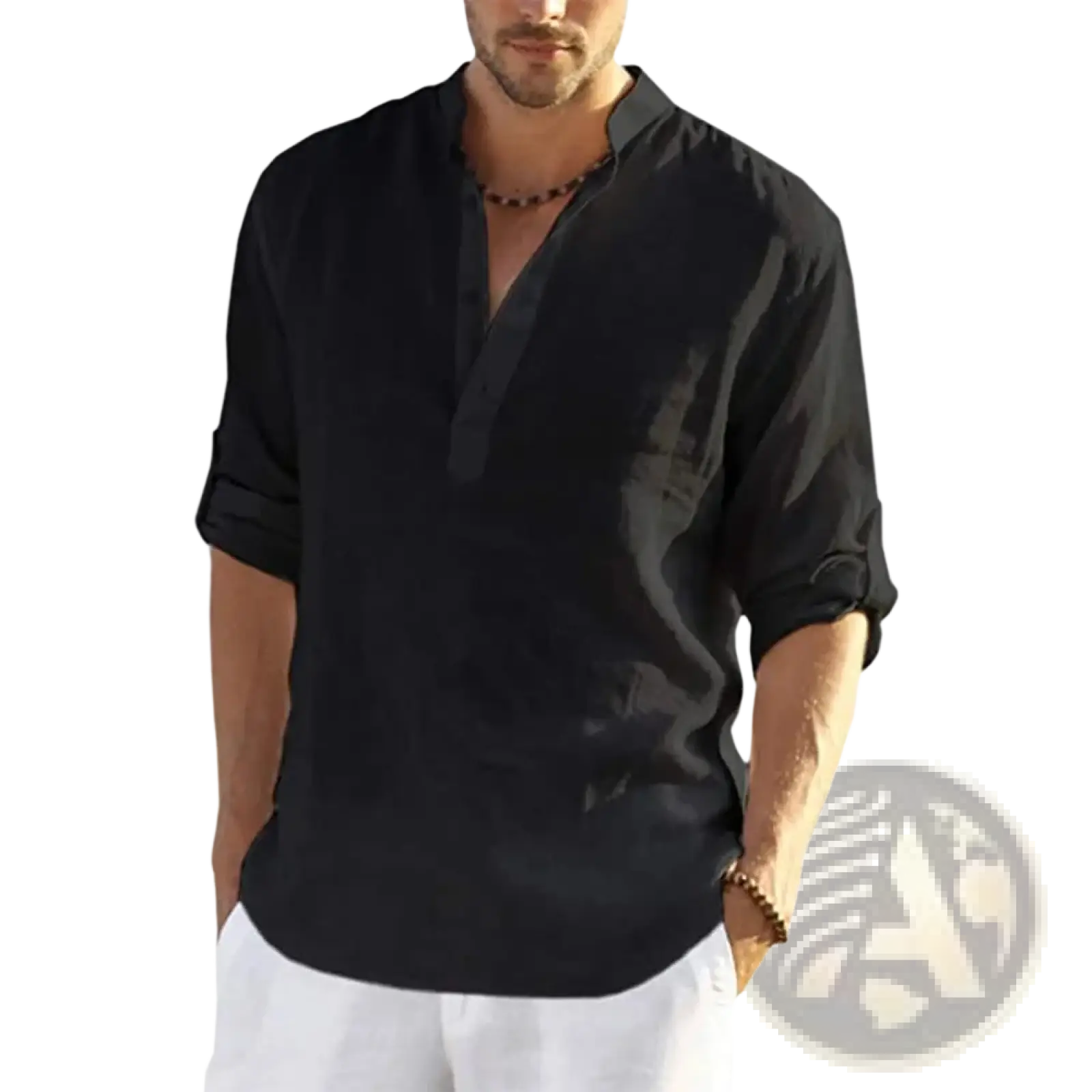 Men’s casual black lightweight linen pullover shirt with v neck and rolled up three quarter sleeves in relaxed fit