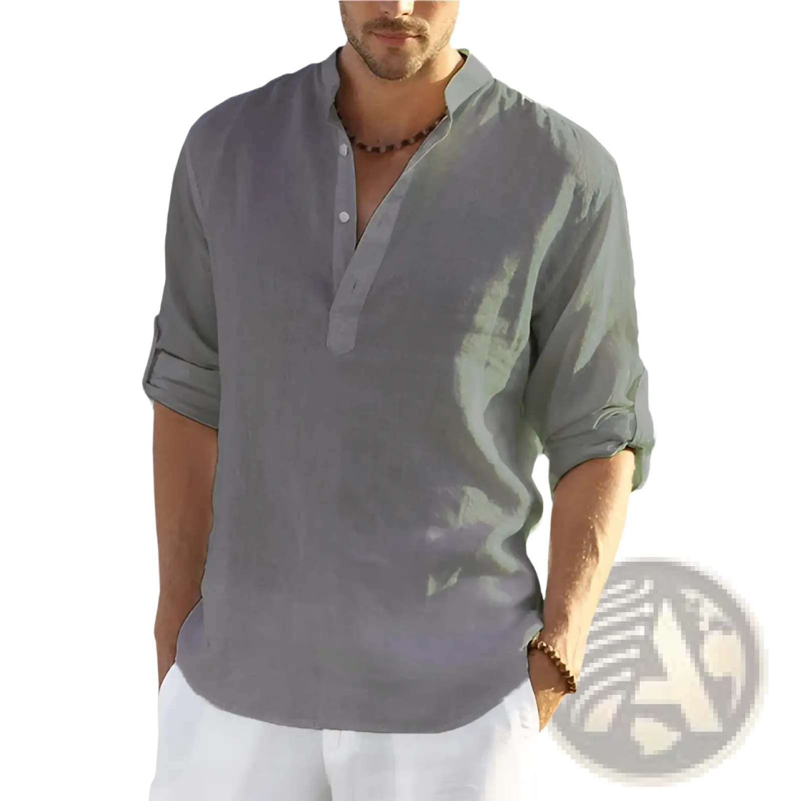 Men’s casual gray linen button-up shirt with rolled sleeves and subtle texture for a relaxed look