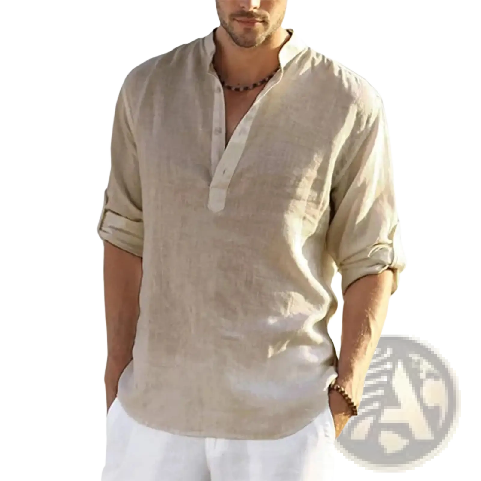 Beige linen men’s casual v neck button-up shirt with rolled sleeves and pullover design for everyday wear