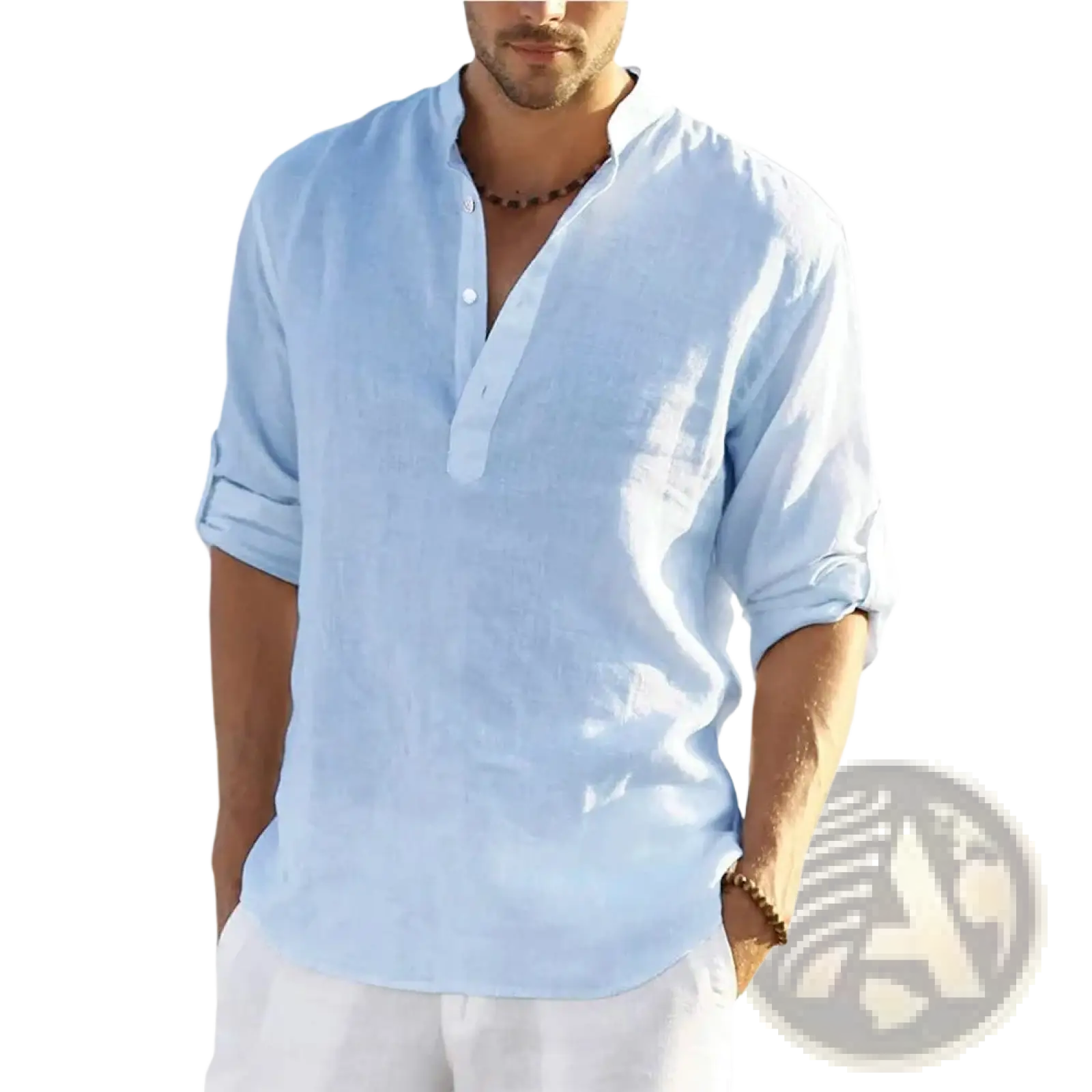 Men’s casual light blue breathable linen shirt with button-down front and rolled-up sleeves for comfortable wear