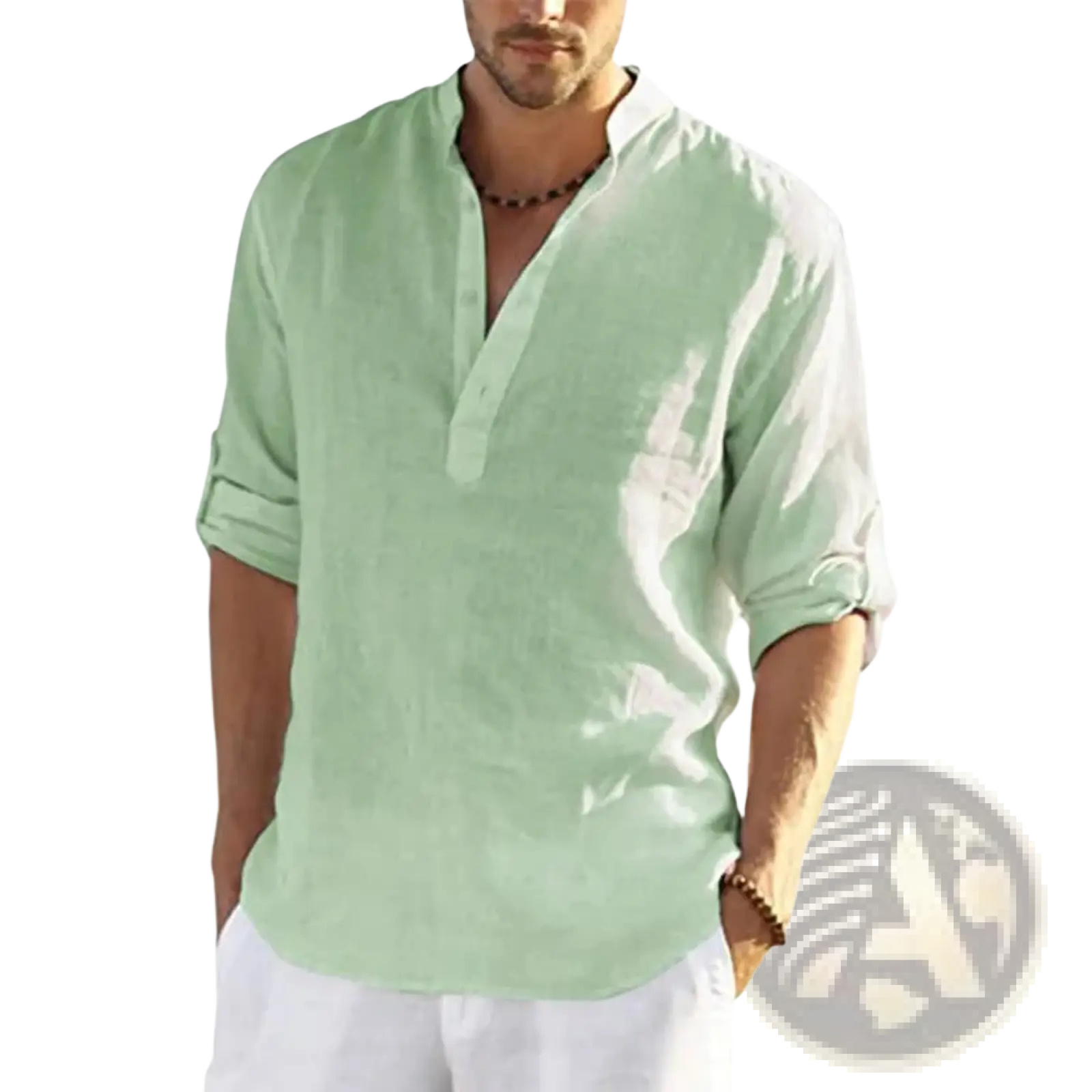 Light green men’s casual v neck rolled sleeve pullover shirt made of linen for comfortable everyday wear