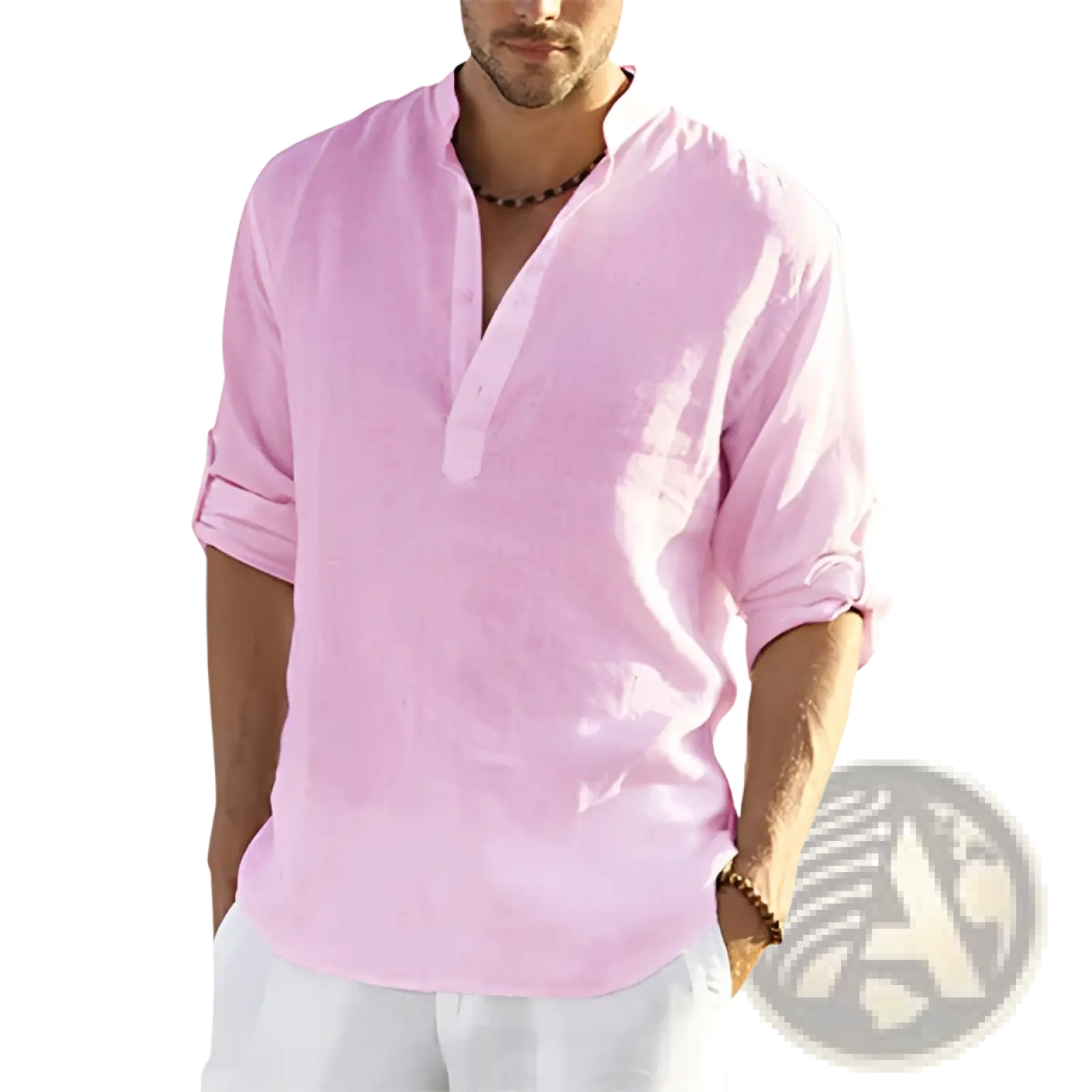 Men’s casual light pink v neck rolled sleeve linen pullover shirt made of breathable fabric for comfortable wear