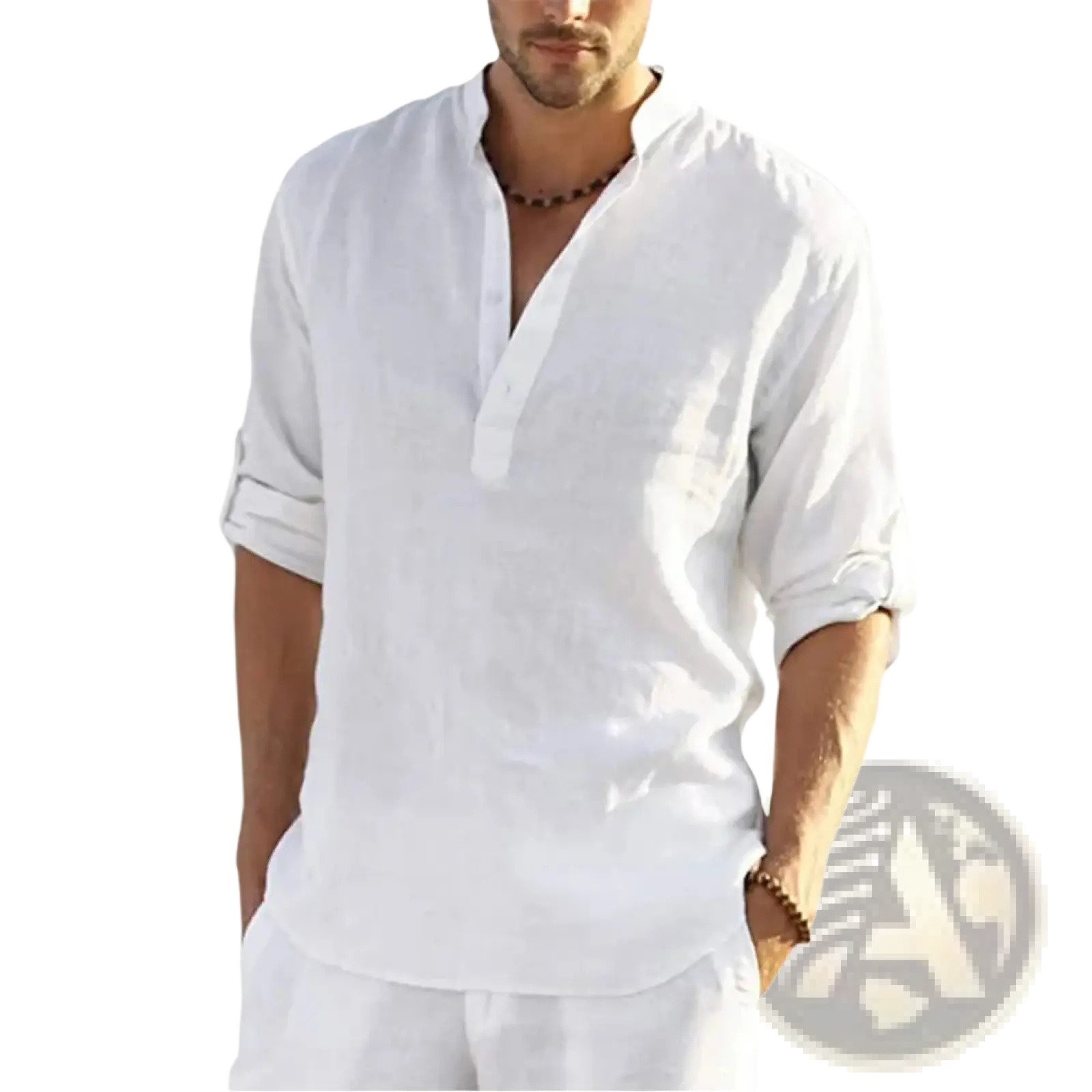 Men’s casual white linen v neck pullover shirt with rolled-up sleeves for a relaxed stylish look