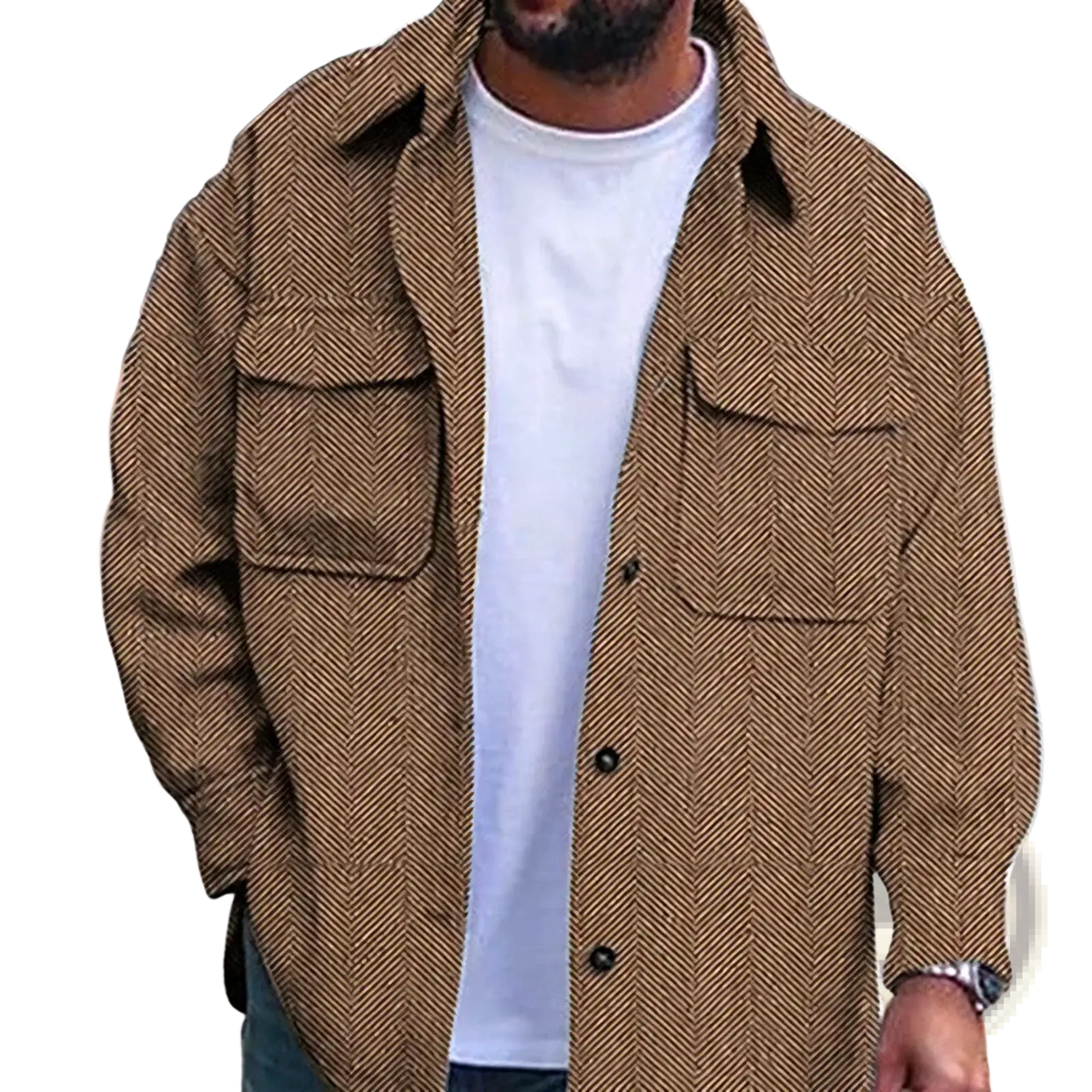 Men’s casual work shirt herringbone overshirt in brown wool with two chest pockets and black buttons
