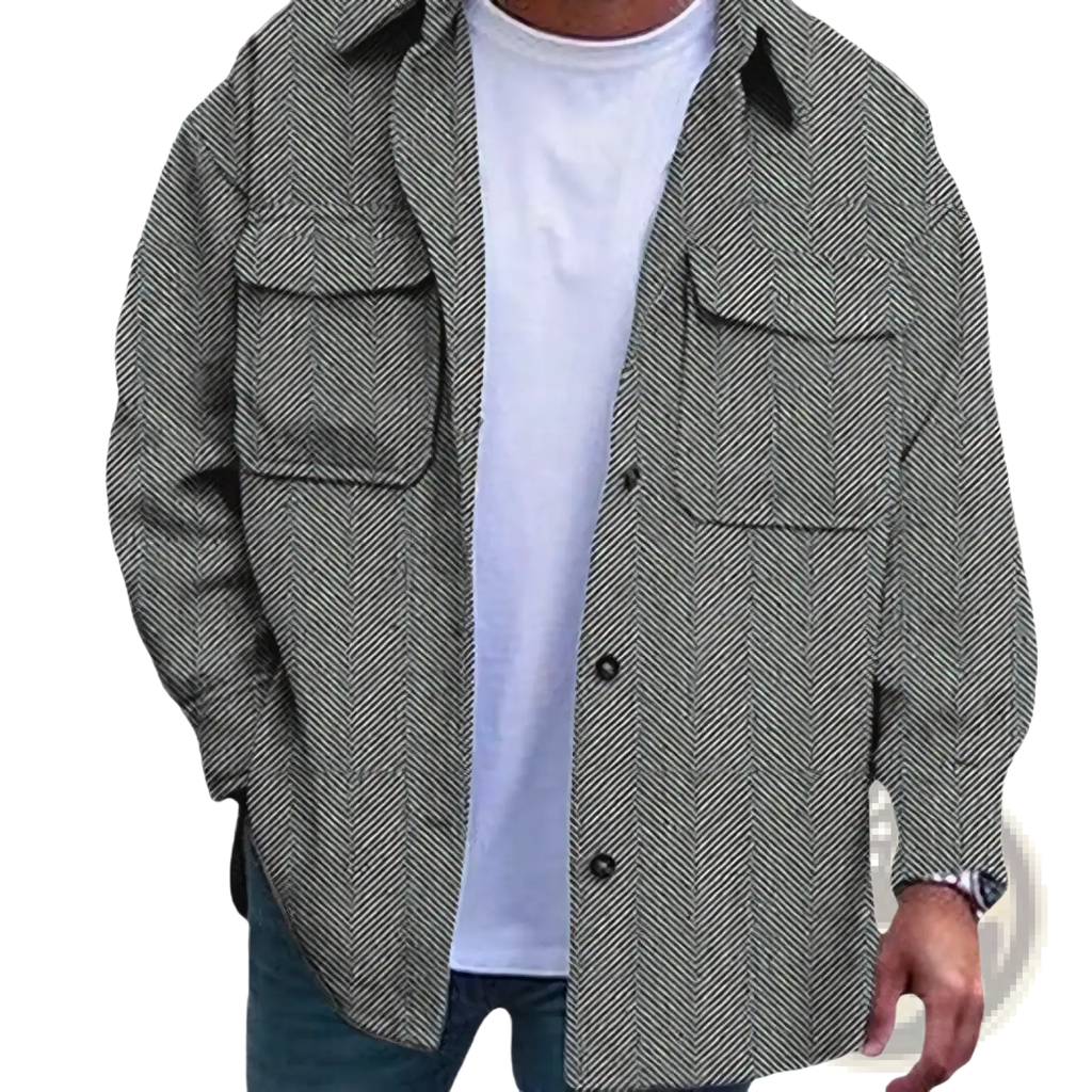 Men’s casual work shirt herringbone overshirt in gray with button-up front, collar, and two chest pockets