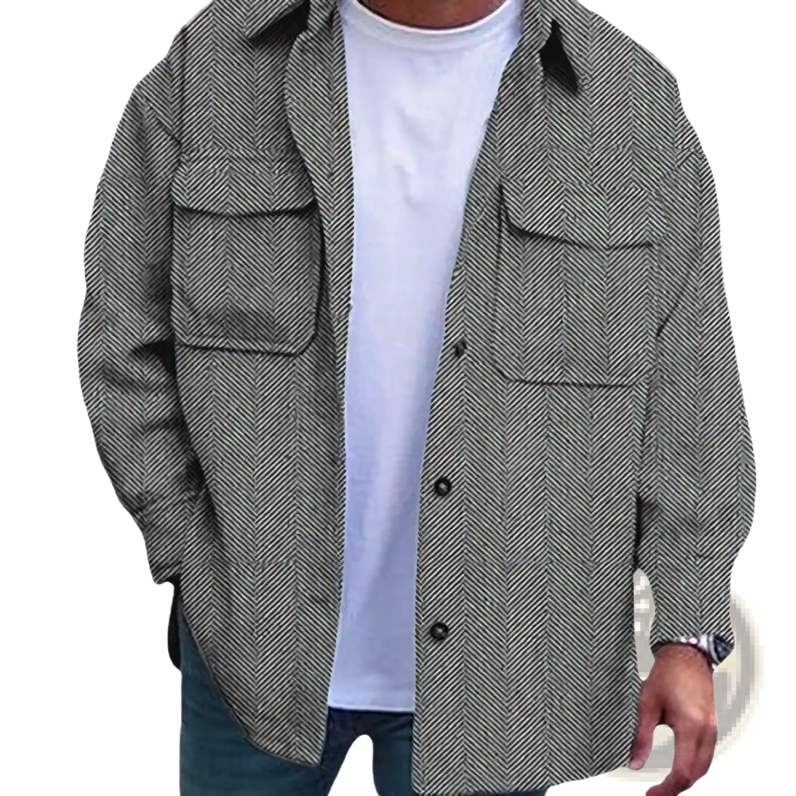 Men’s casual work shirt herringbone overshirt in gray with button-up front, collar, and two chest pockets