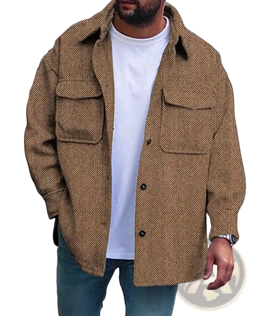 Men’s casual work shirt herringbone overshirt brown button-up jacket with two chest pockets and herringbone pattern