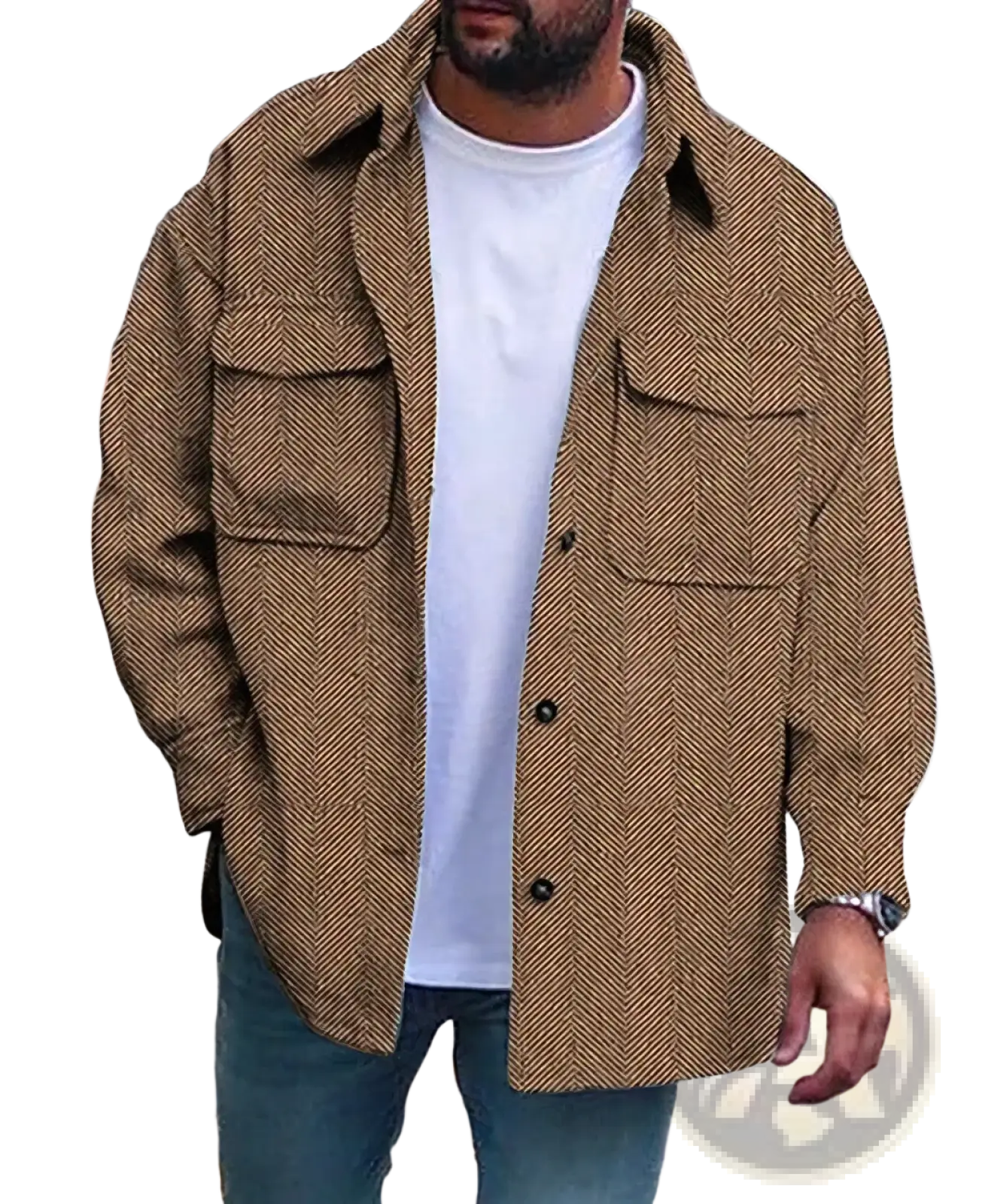 Men’s casual work shirt herringbone overshirt brown button-up jacket with two chest pockets and herringbone pattern