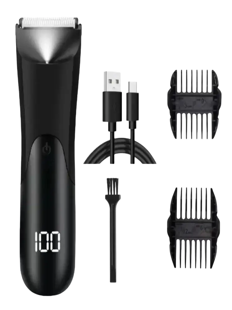Black men’s ceramic body hair trimmer with digital display charging cable two comb attachments and cleaning brush