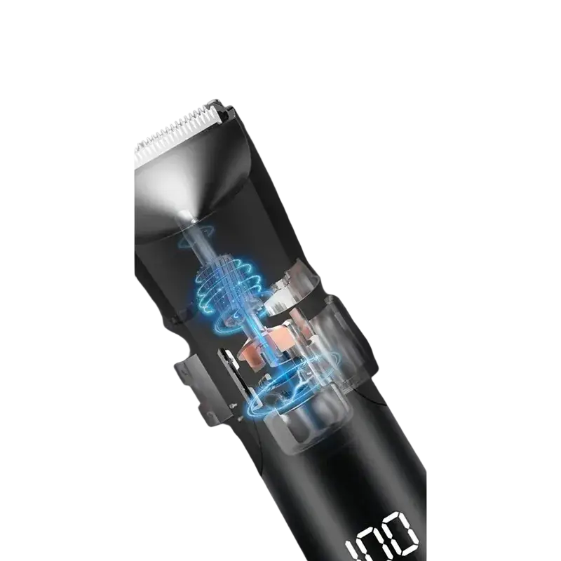 Black men’s ceramic body hair trimmer with visible motor blade assembly and blue glowing accents highlighting design