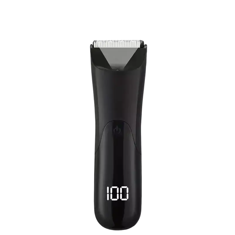 Black men’s ceramic body hair trimmer with sleek ergonomic design and digital display showing 100
