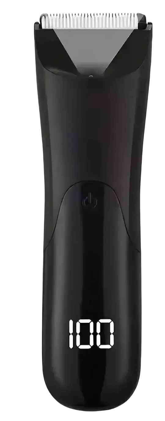 Black ceramic men’s body hair trimmer with digital display showing 100 and power button on the handle