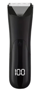 Black ceramic men’s body hair trimmer with digital display showing 100 and power button on the handle