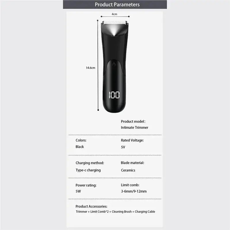 Black men’s ceramic body hair trimmer with ceramic blades and digital display for intimate grooming