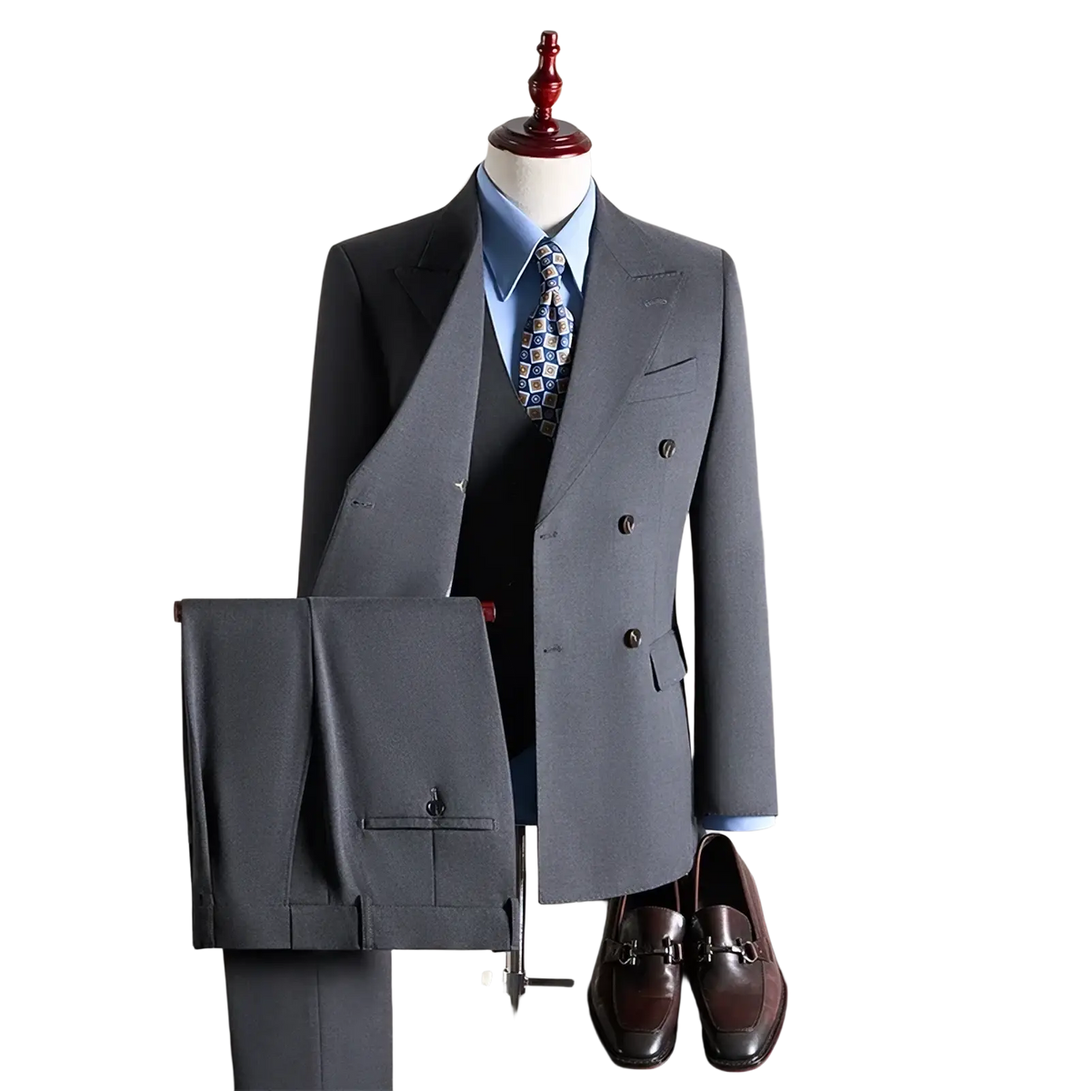 Mens charcoal gray wool double breasted suit jacket with notched lapels and two-button closure paired with trousers