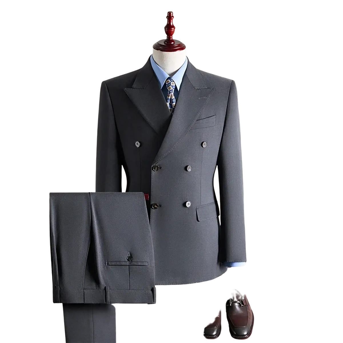 Mens charcoal gray wool double breasted suit with notched lapels displayed on a mannequin with matching trousers