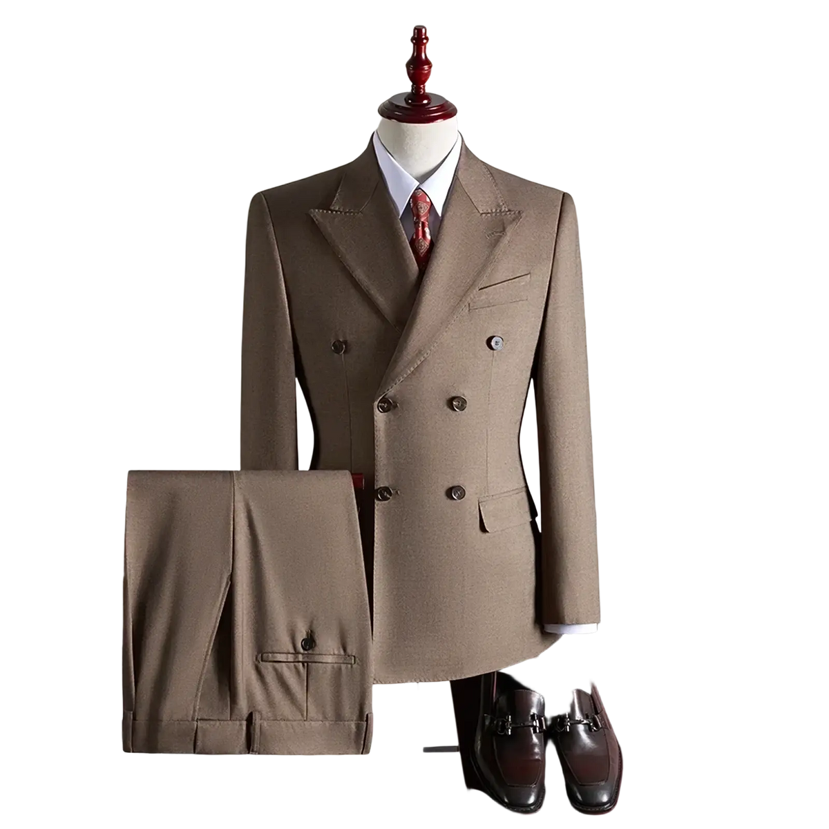 Beige double-breasted suit with subtle textured weave displayed on mannequin in mens charcoal gray wool double breasted suit listing