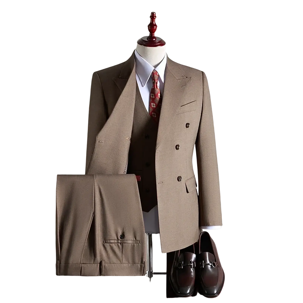 Beige double-breasted wool suit with matching vest and trousers displayed on a mannequin for mens formal wear