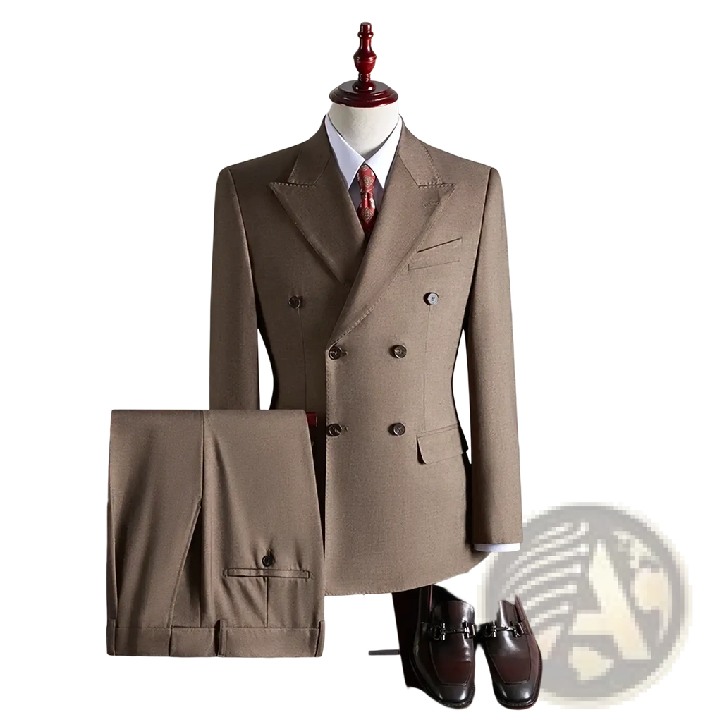 Beige double-breasted suit with subtle textured weave displayed on mannequin in mens charcoal gray wool double breasted suit listing