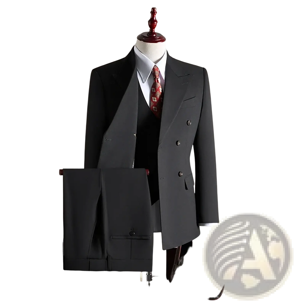 Mens charcoal gray wool double breasted suit with notched lapels and matching trousers displayed on mannequin