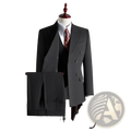 Mens charcoal gray wool double breasted suit with notched lapels and matching trousers displayed on mannequin